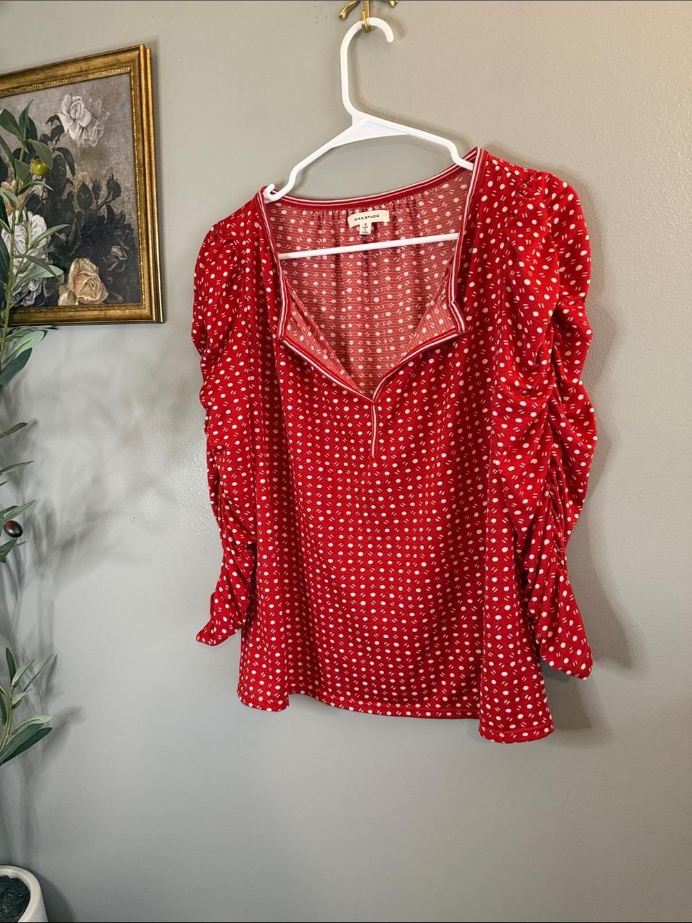 Max Studio Red Polka Dot Puff Sleeve Blouse Size Small Cottagecore Feminine - Picture 2 of 8